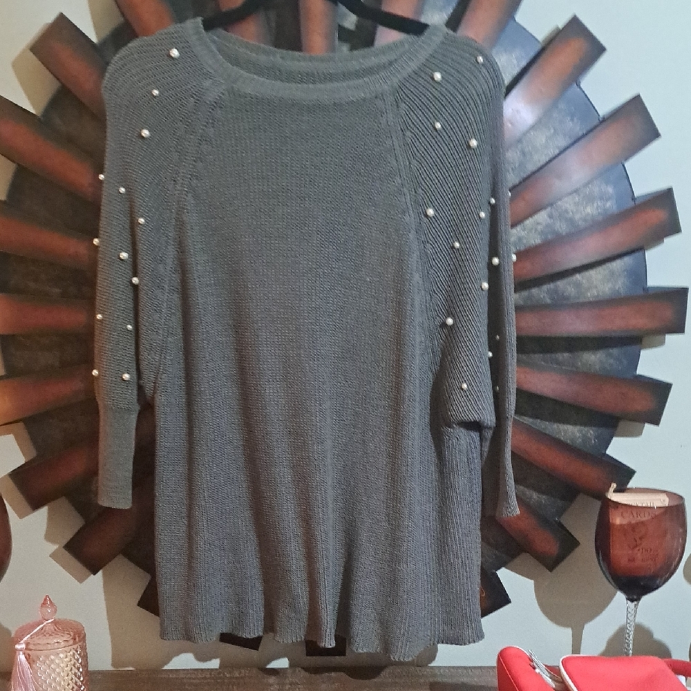 POL Gray Oversized Sweater with Pearl Accents EUC